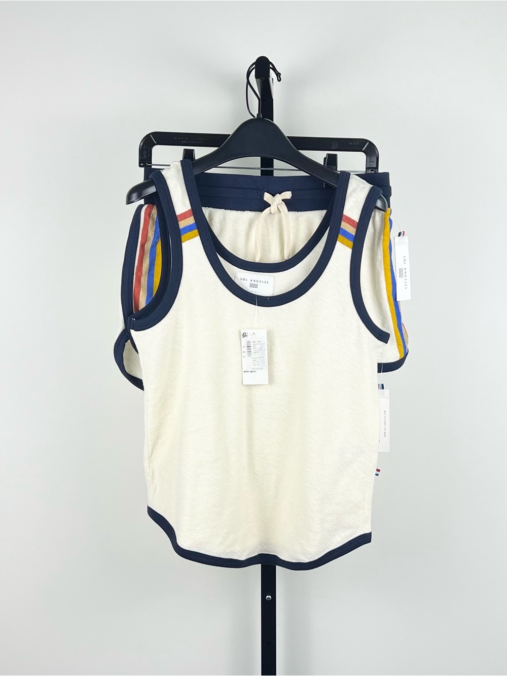 Sol Angeles Women Striped Loop Terry Tank Top + Shorts Set, Ivory/Navy/S-XS